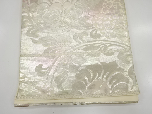  アンティーク　服部織物製　こはく錦　唐花模様織り出し袋帯（材料）